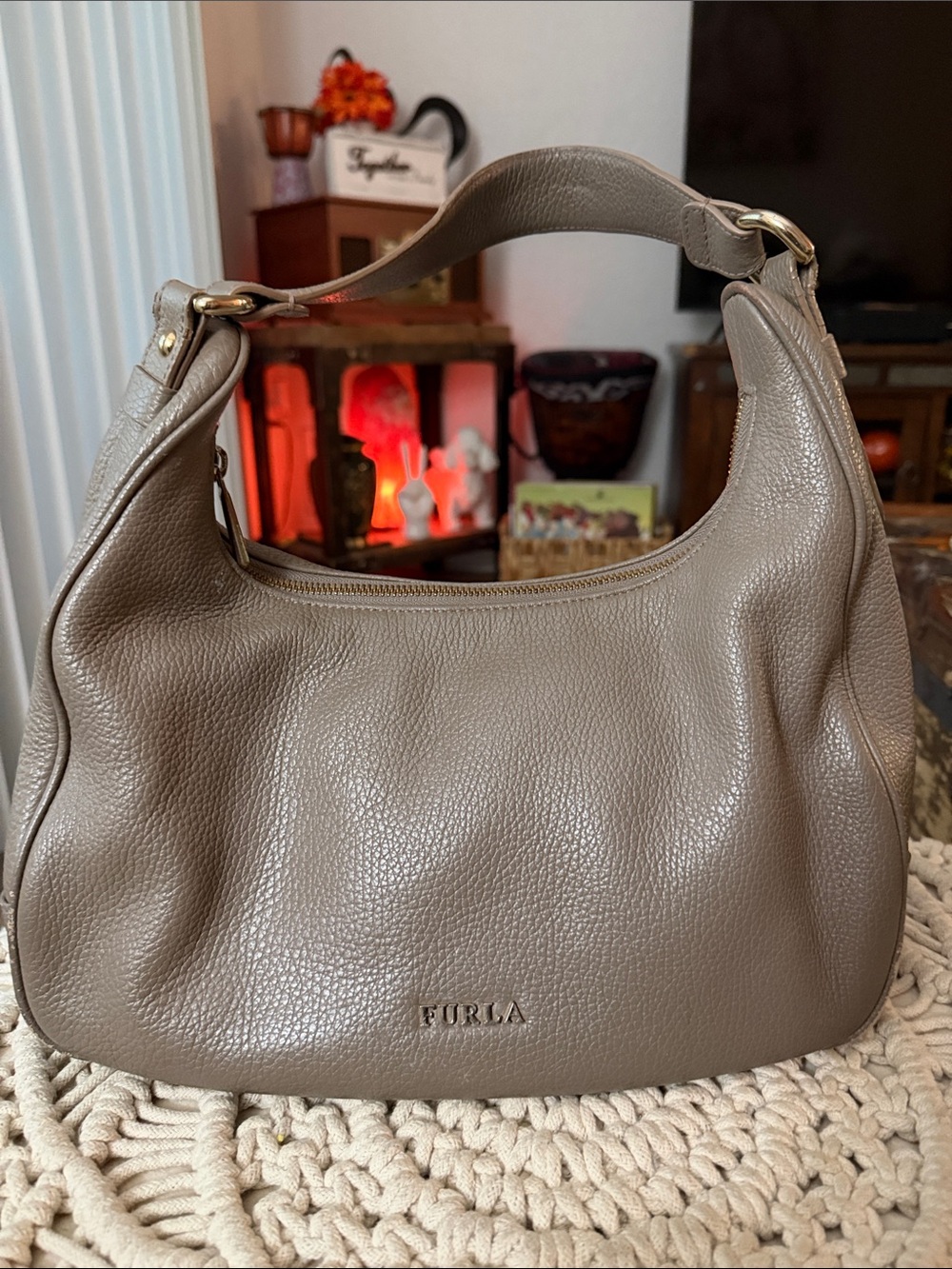 Furla Pebbled Leather Taupe Hobo Bag